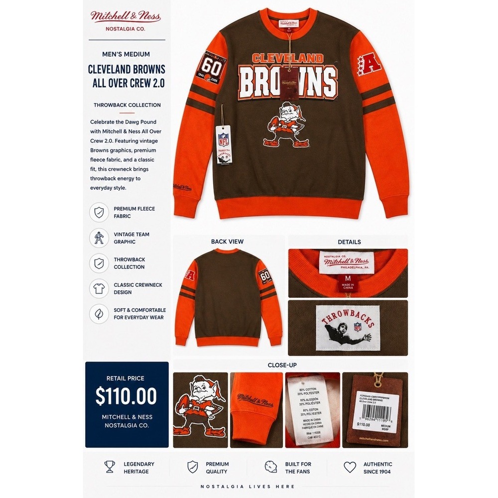 Mitchell & Ness Mens Sweatshirt Medium Orange Cleveland Browns All Over Crew 2.0